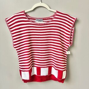 Vintage Knit Top Women's Small Deadstock Nautical Preppy Coastal Cotton Red